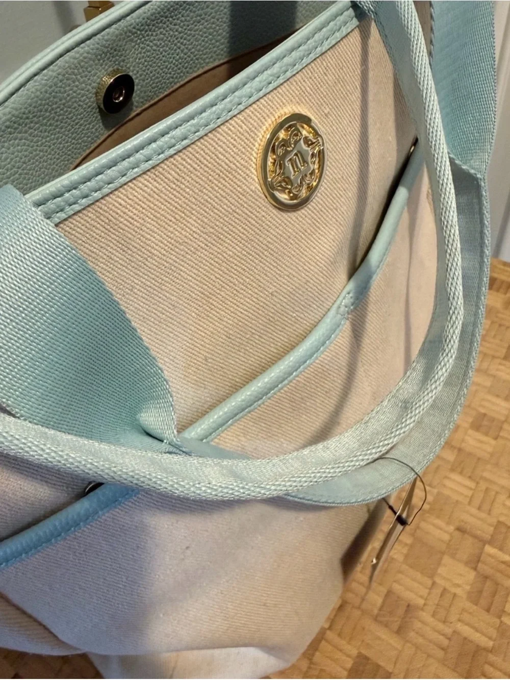 Nanette Lepore Canvas Tote Bag natural canvas body, light blue guitar strap Nwt